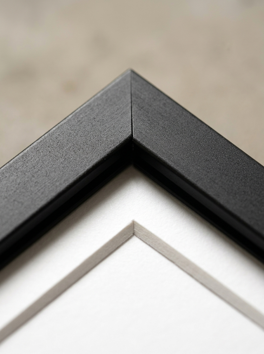 Detailopname van de aluminium fotolijst mat zwart 50x70 van Dekovira: het matzwarte geanodiseerde profiel en de strakke hoekverbinding