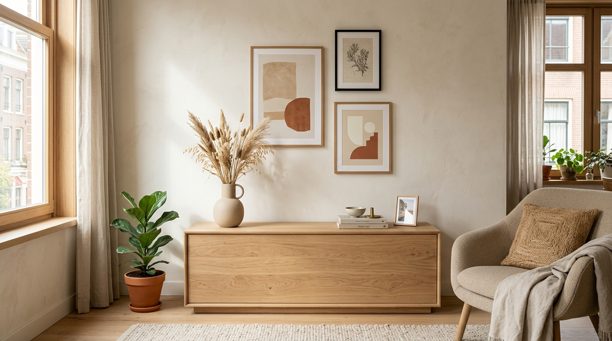 Nederlandse woonkamer met een galerijwand van ingelijste prints boven een eiken dressoir