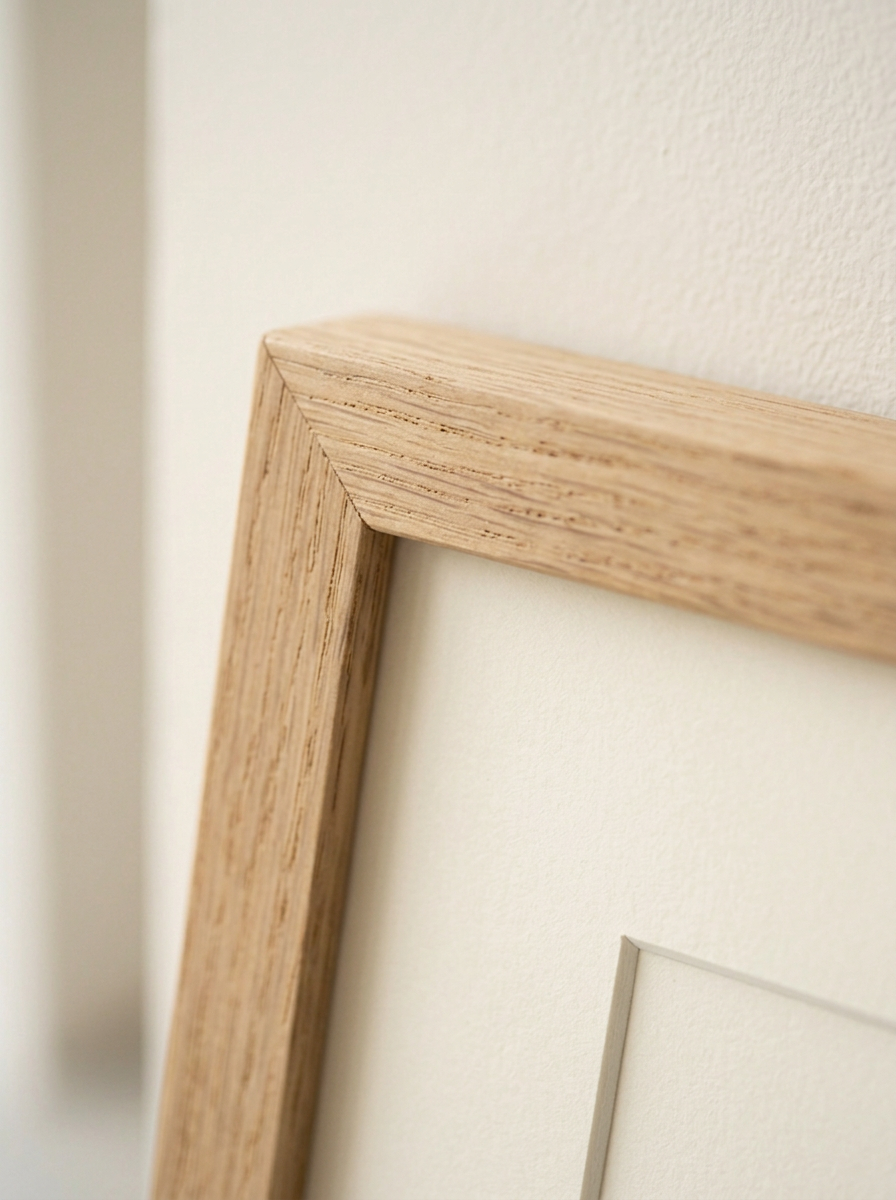 Detailopname van de eiken fotolijst naturel a3 van Dekovira: de verstekhoek, de eiken nerf en het passe-partout