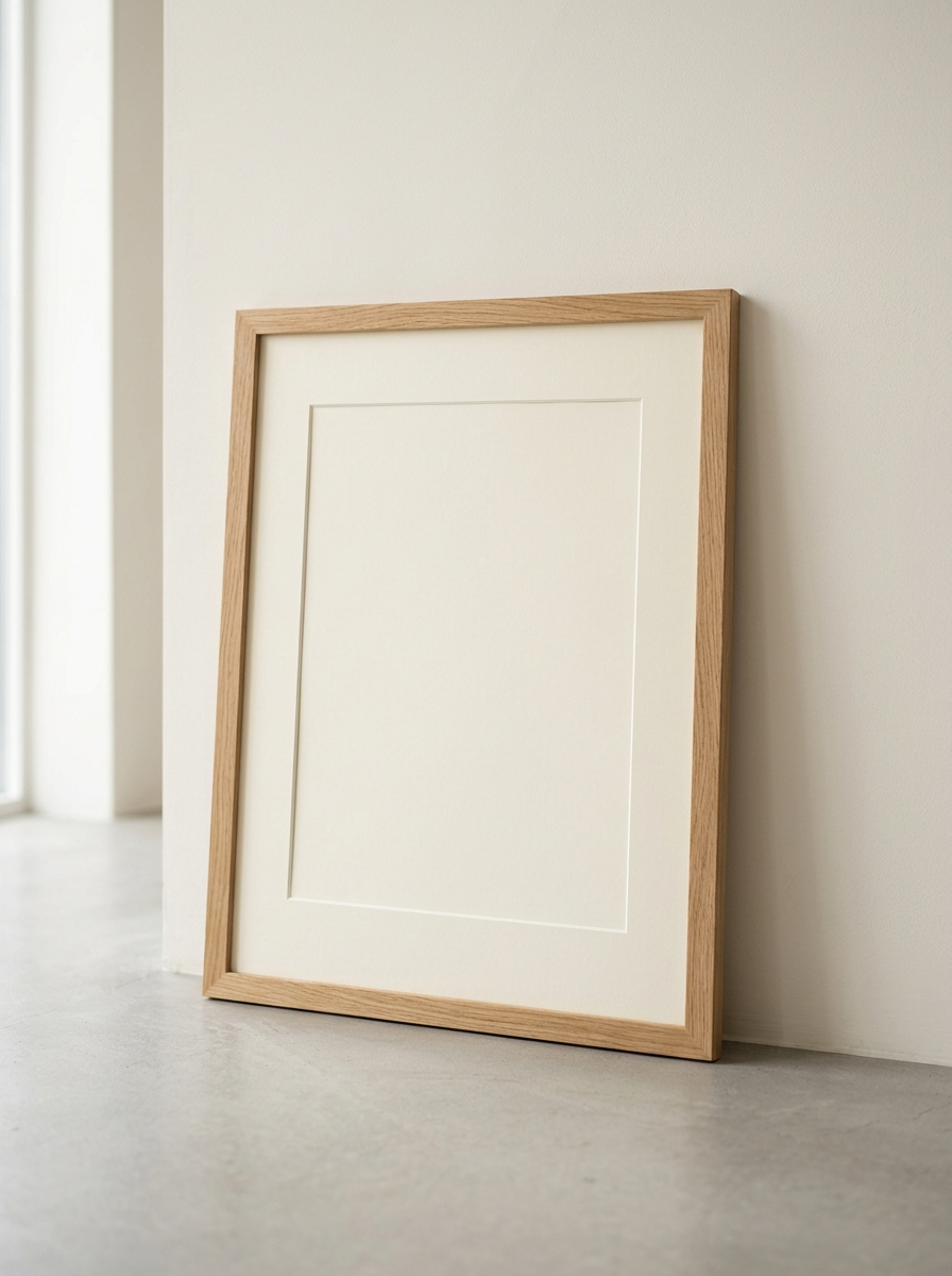 Eiken Fotolijst Naturel A3 - massief eiken fotolijst A3 met passe-partout van Dekovira, tegen een warmwitte muur in daglicht