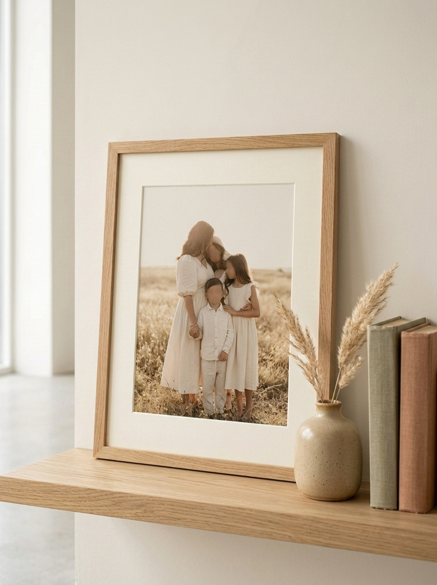 Eiken Fotolijst Naturel A3 van Dekovira, opgehangen in een licht Nederlands interieur
