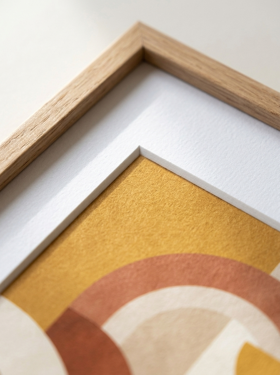 Detailopname van de ingelijste print abstracte bogen oker van Dekovira: de matte okerpigmenten en de hoek van de eiken lijst