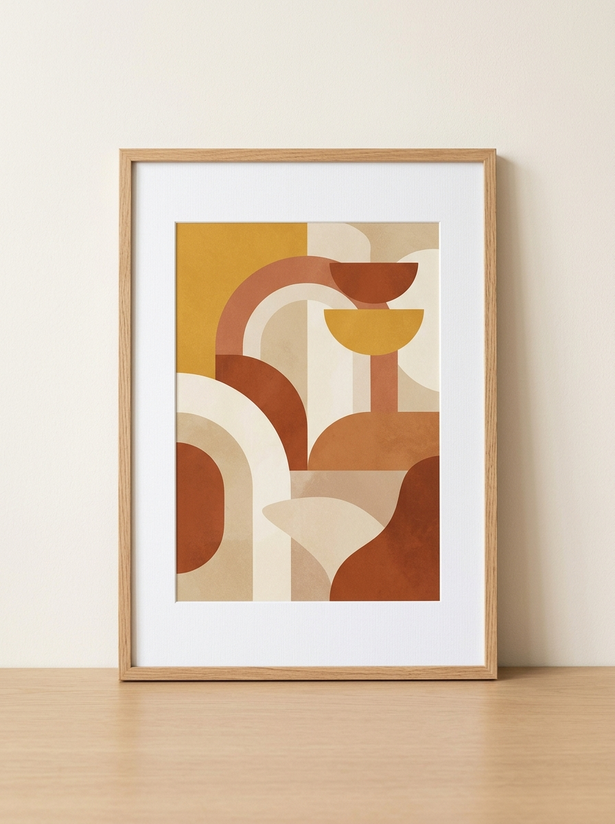 Ingelijste Print Abstracte Bogen Oker - ingelijste abstracte print met okerkleurige bogen van Dekovira, tegen een warmwitte muur in daglicht