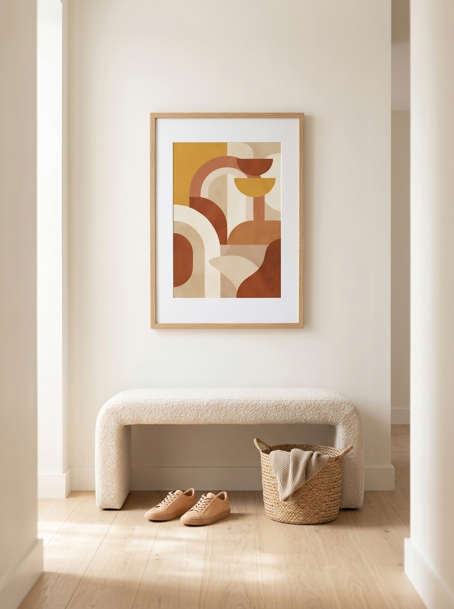 Ingelijste Print Abstracte Bogen Oker van Dekovira, opgehangen in een licht Nederlands interieur