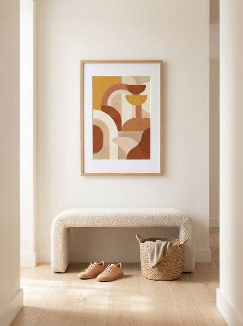 Ingelijste Print Abstracte Bogen Oker van Dekovira, opgehangen in een licht Nederlands interieur