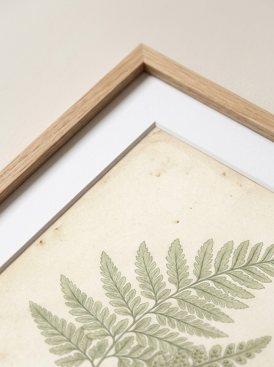 Detailopname van de ingelijste print botanische varen van Dekovira: het saliegroene varendetail op ivoorpapier en de eiken lijsthoek