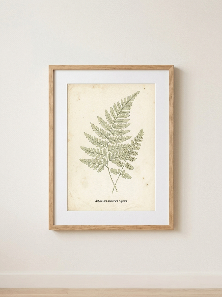 Ingelijste Print Botanische Varen - ingelijste botanische varenprint in saliegroen van Dekovira, tegen een warmwitte muur in daglicht