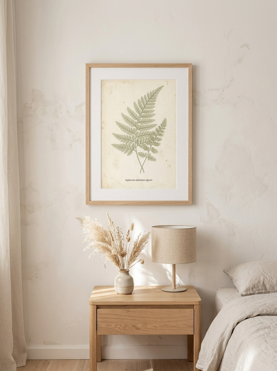 Ingelijste Print Botanische Varen van Dekovira, opgehangen in een licht Nederlands interieur