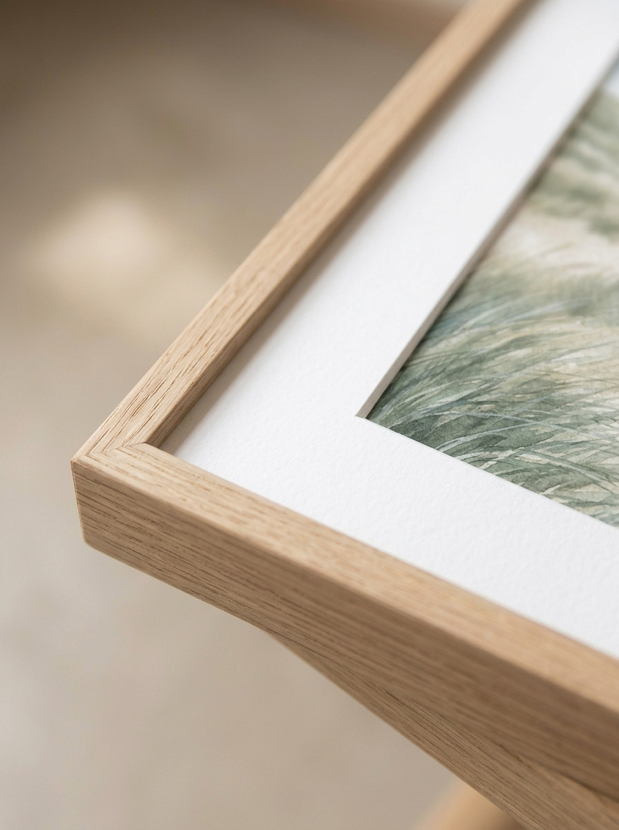 Detailopname van de ingelijste print duinlandschap zeeland van Dekovira: de verstekhoek van de eiken lijst en de structuur van het museumpapier