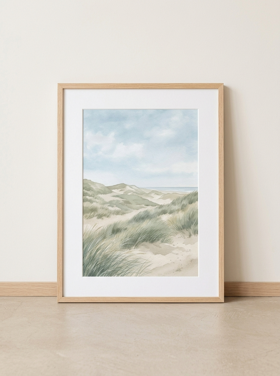 Ingelijste Print Duinlandschap Zeeland - ingelijste aquarelprint van de Zeeuwse duinen van Dekovira, tegen een warmwitte muur in daglicht