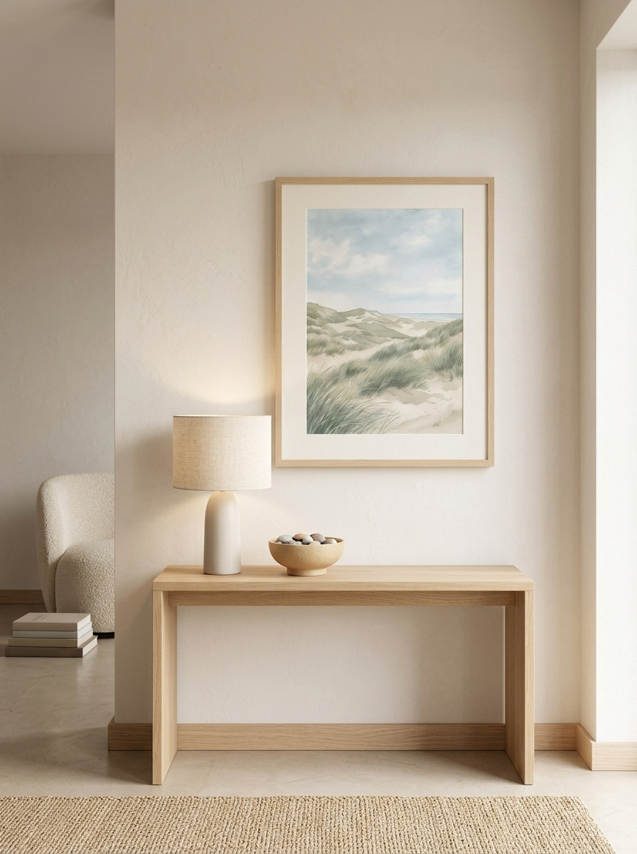 Ingelijste Print Duinlandschap Zeeland van Dekovira, opgehangen in een licht Nederlands interieur