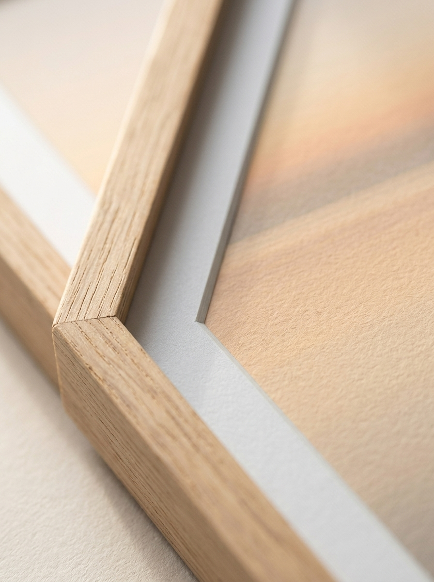 Detailopname van de ingelijste print horizon zonsopgang van Dekovira: het vloeiende kleurverloop en de brede eiken lijsthoek