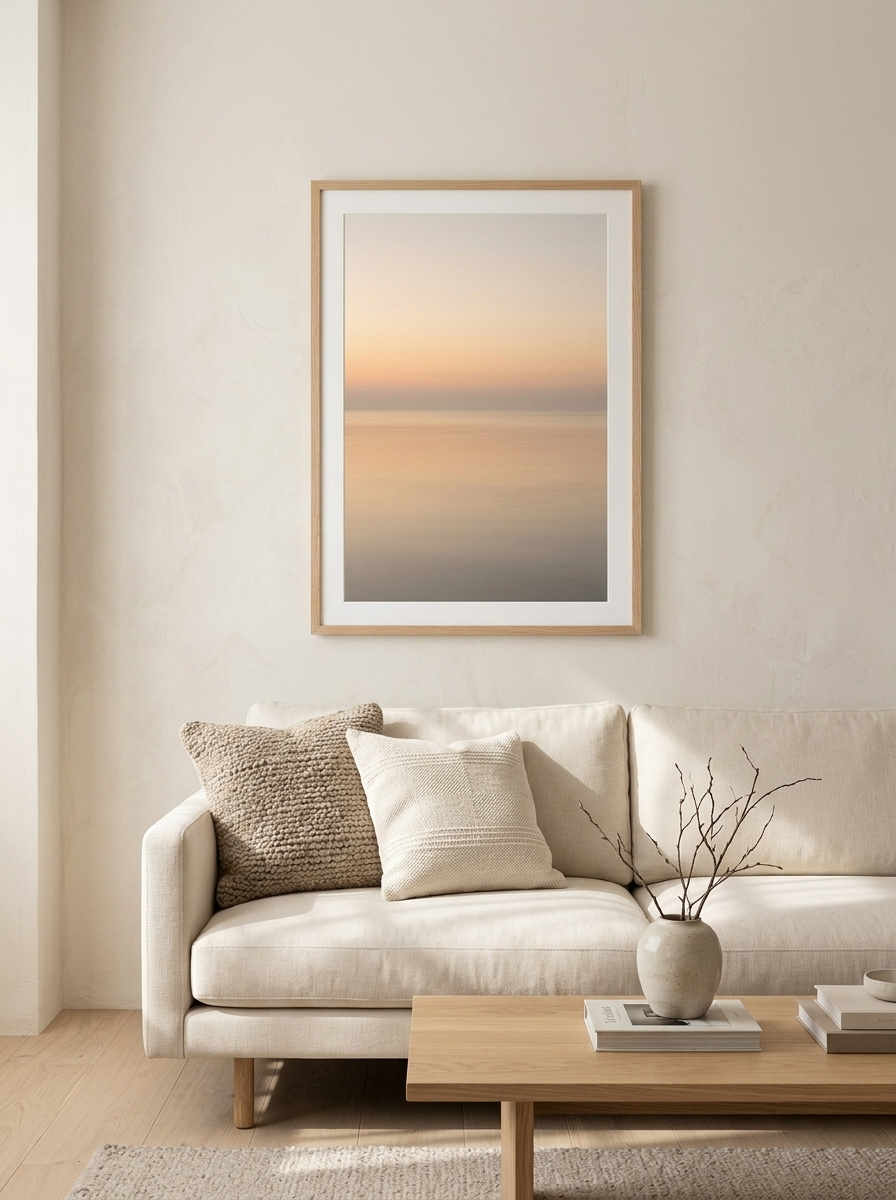 Ingelijste Print Horizon Zonsopgang van Dekovira, opgehangen in een licht Nederlands interieur