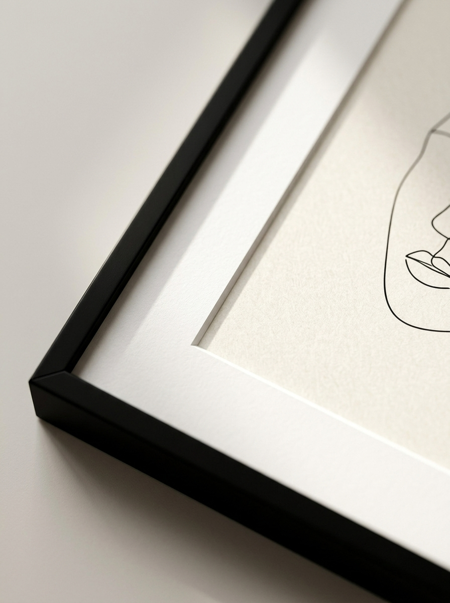 Detailopname van de ingelijste print lijnportret minimal van Dekovira: de fijne inktlijn op cremepapier en de matzwarte lijsthoek