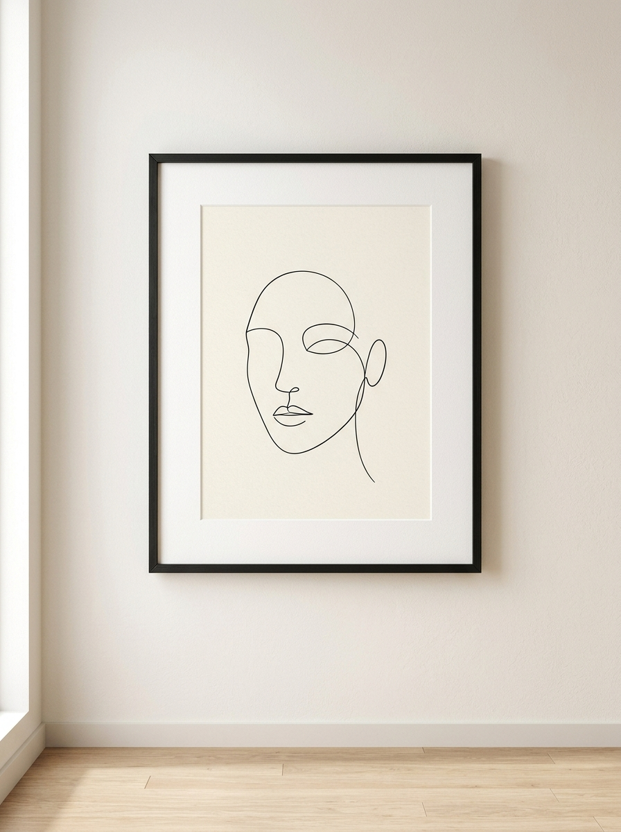 Ingelijste Print Lijnportret Minimal - ingelijste line-art print in matzwarte lijst van Dekovira, tegen een warmwitte muur in daglicht