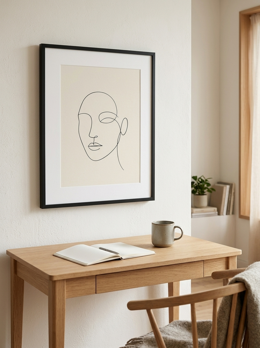 Ingelijste Print Lijnportret Minimal van Dekovira, opgehangen in een licht Nederlands interieur