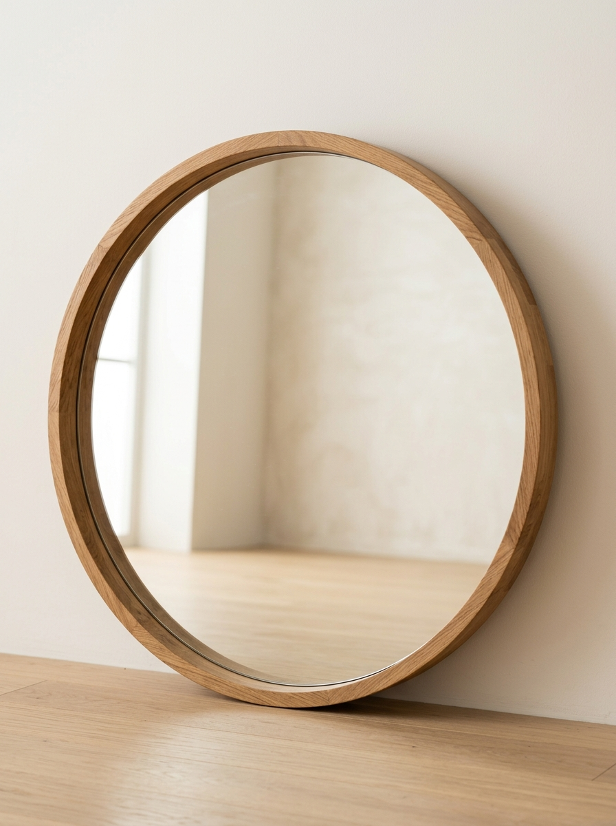 Wandobject Ronde Spiegel met Eiken Rand - ronde wandspiegel met massief eiken rand van Dekovira, tegen een warmwitte muur in daglicht