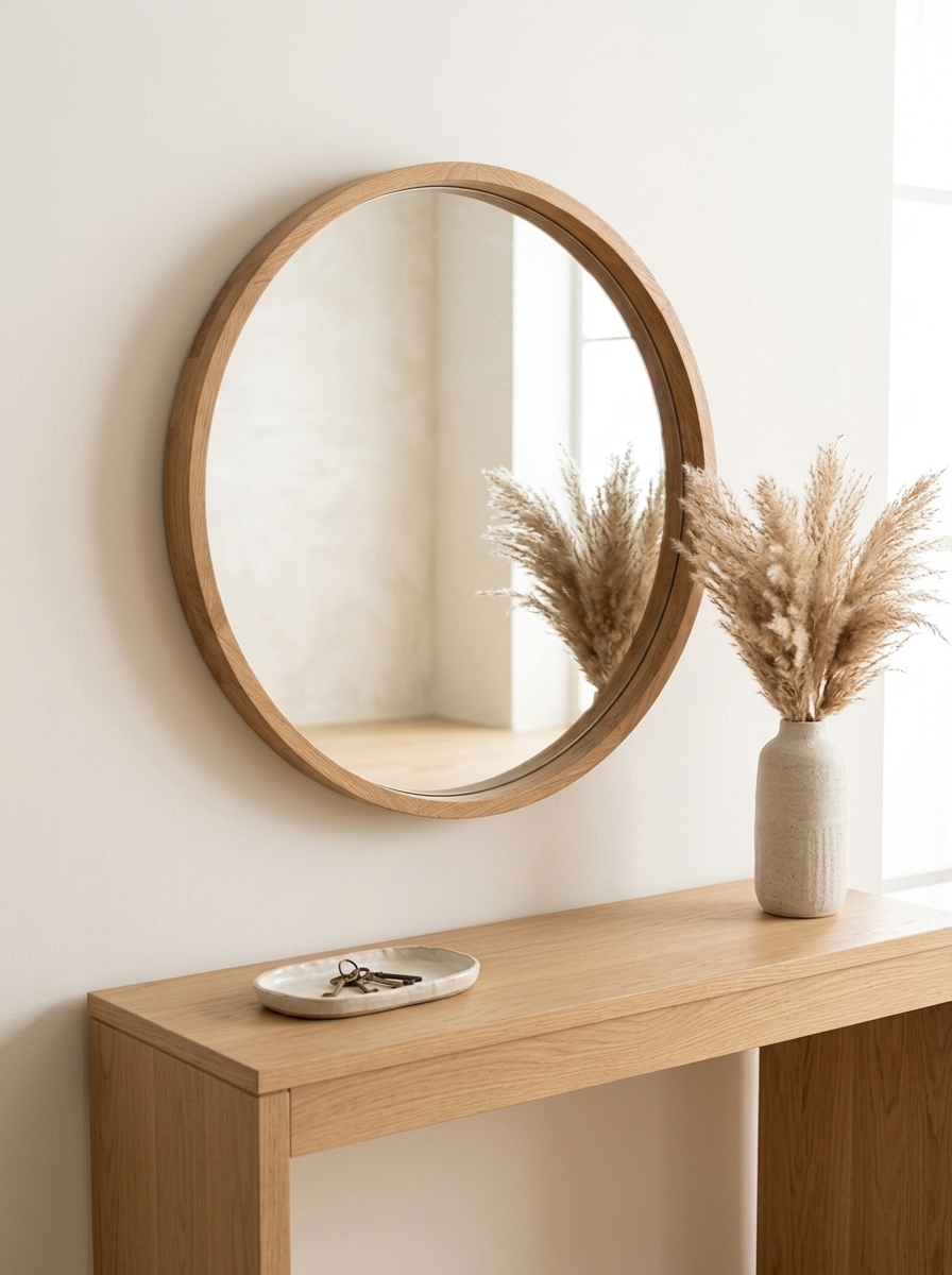 Wandobject Ronde Spiegel met Eiken Rand van Dekovira, opgehangen in een licht Nederlands interieur