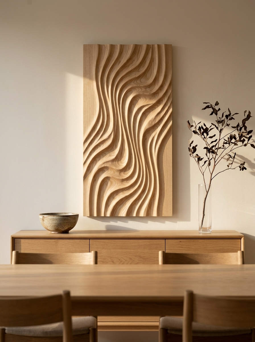Wandpaneel Golfrelief Essen van Dekovira, opgehangen in een licht Nederlands interieur